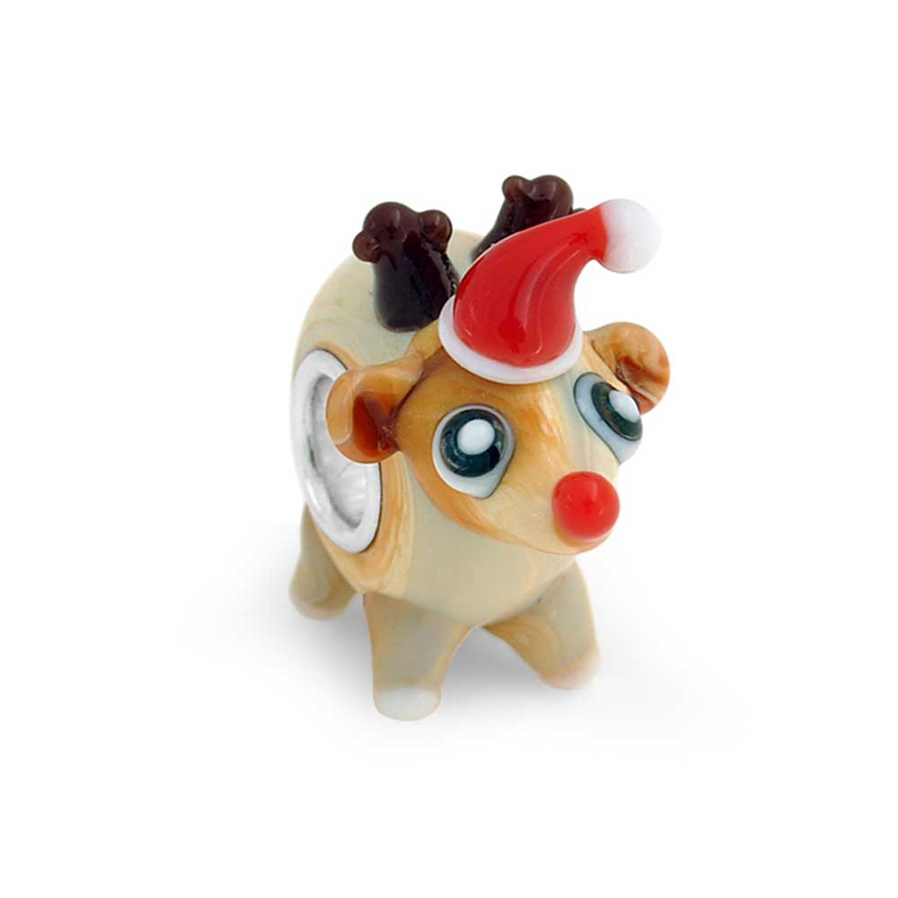 Santa Hat Rudolph Reindeer 3D Murano Glass Bead Charm Sterling Silver - Joyeria Lady