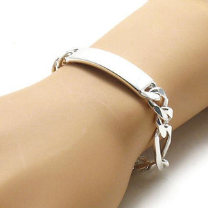 Handsome 11mm (300 Gauge) Sterling Silver Figaro Chain ID Bracelet with Engravable Plate. Available in 8" and 9" Lengths.
