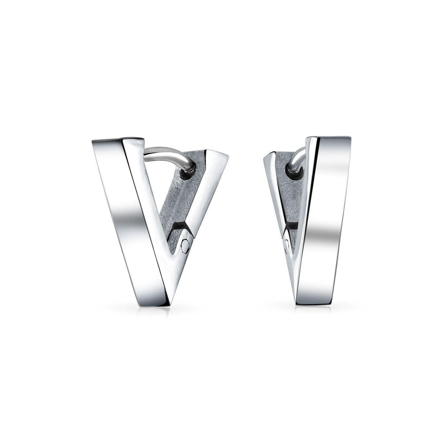 Triangle Flat Hinge Hoop Earrings Silver Tone Stainless Steel - Joyeria Lady