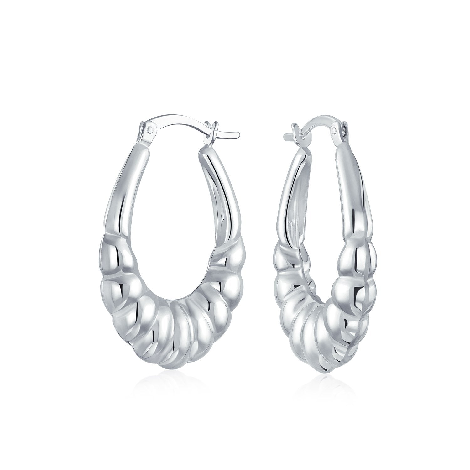 Lightweight Ribbed Scalloped Oval Tube Hoop Earrings Sterling Silver - Joyeria Lady