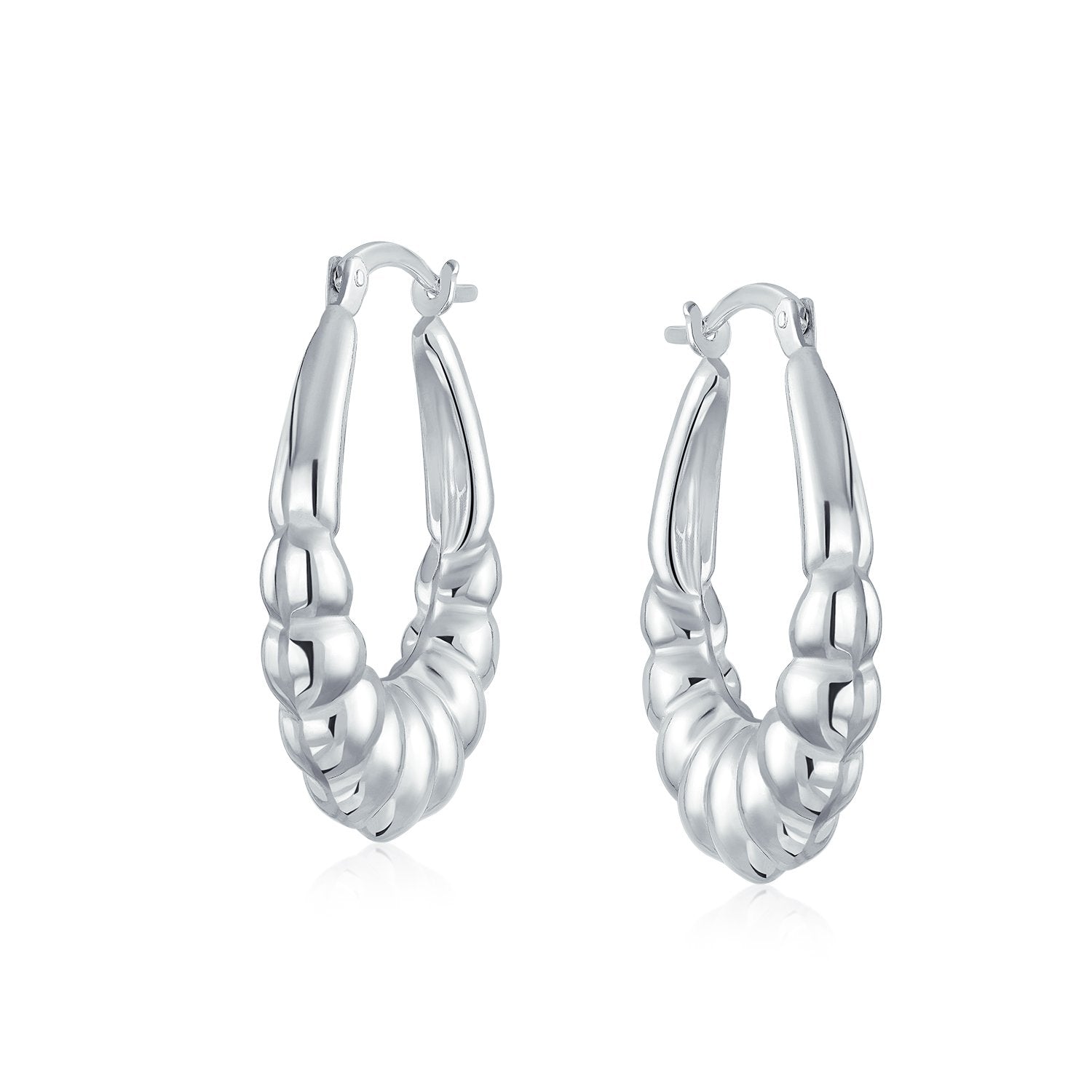 Lightweight Ribbed Scalloped Oval Tube Hoop Earrings Sterling Silver - Joyeria Lady