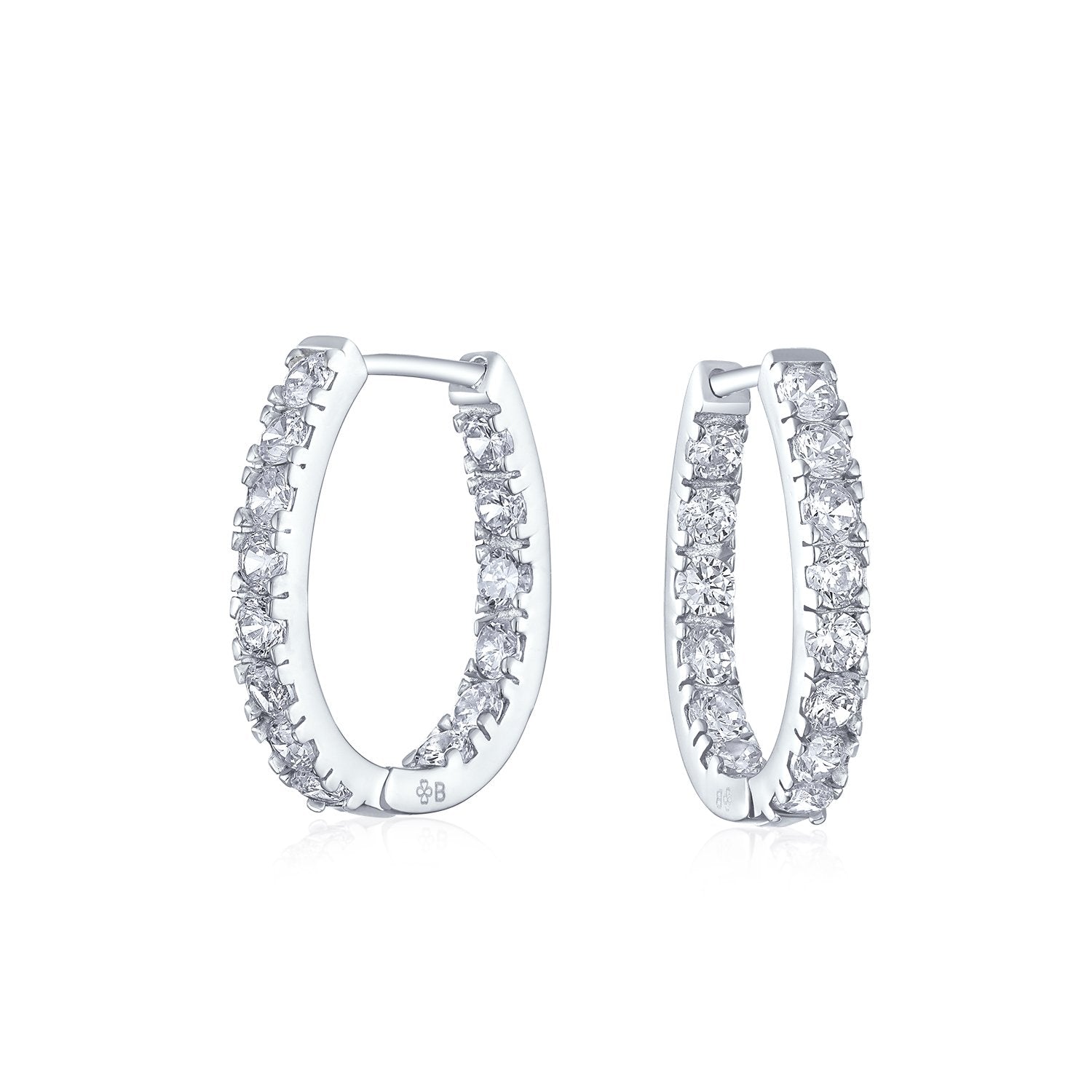 Oval shape Inside Out Channel Set CZ Hoop Earrings OF Sterling Silver - Joyeria Lady