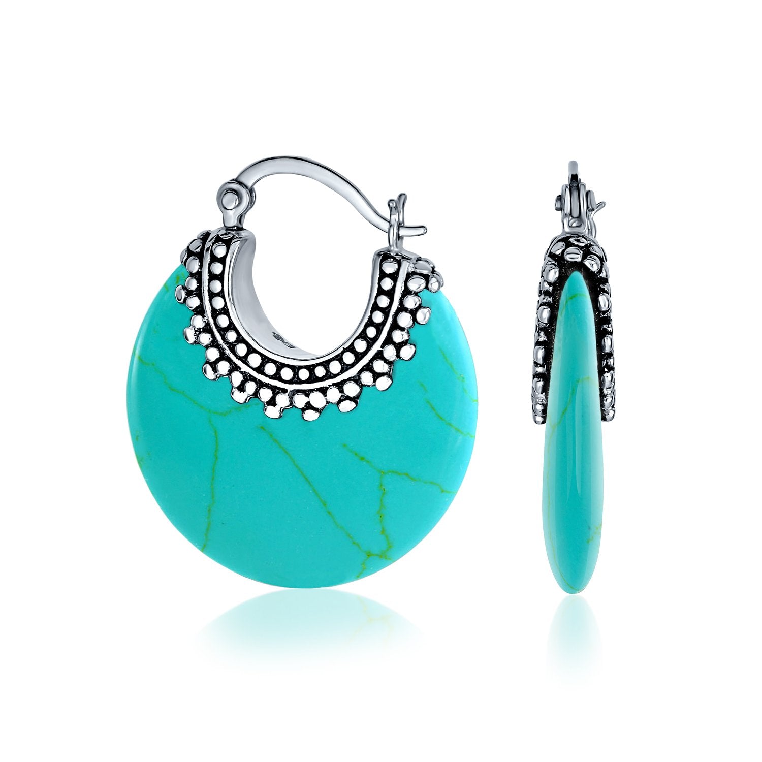 Bali Gemstone Crescent Hoop Earrings Caviar Bead 925 Sterling Silver - Joyeria Lady