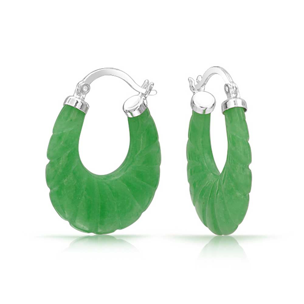 Green Jade Round Oval Hoop Earrings 925 Sterling Silver .75 Inch Dia - Joyeria Lady
