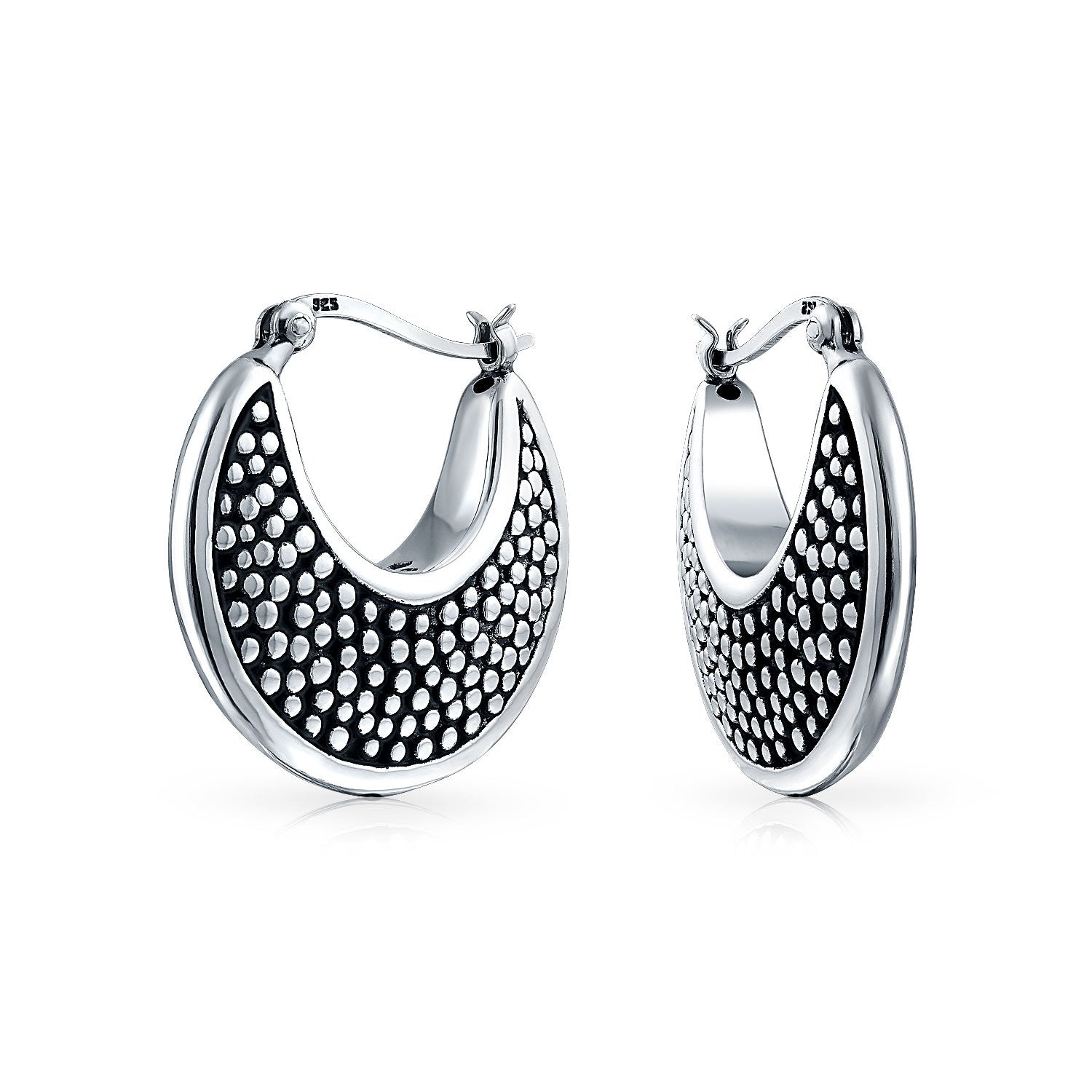 Lightweight Crescent Moon Boho Caviar Hoop Earrings Sterling Silver - Joyeria Lady