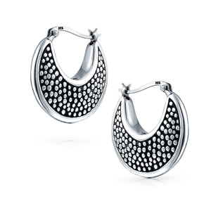 Lightweight Crescent Moon Boho Caviar Hoop Earrings Sterling Silver