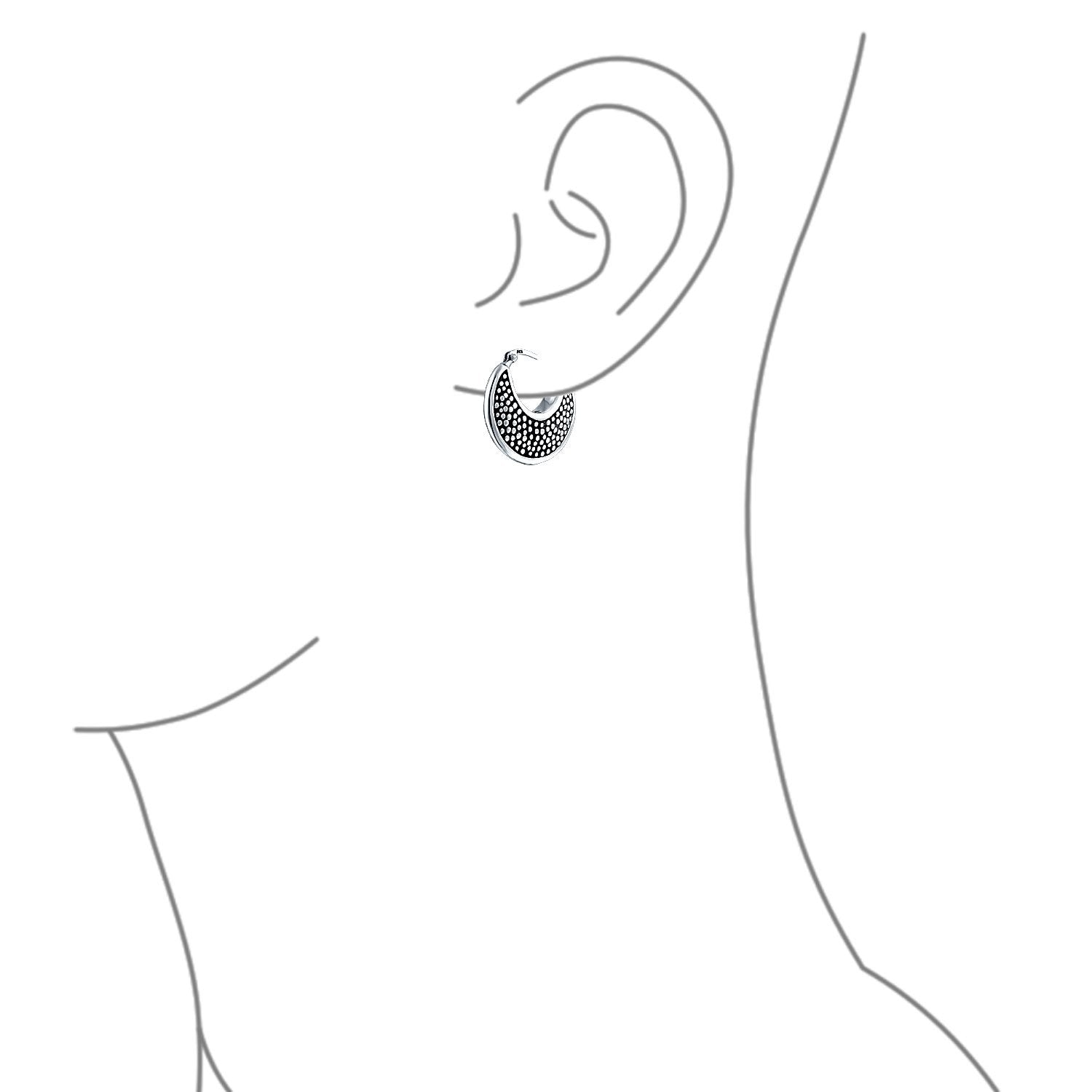 Lightweight Crescent Moon Boho Caviar Hoop Earrings Sterling Silver - Joyeria Lady