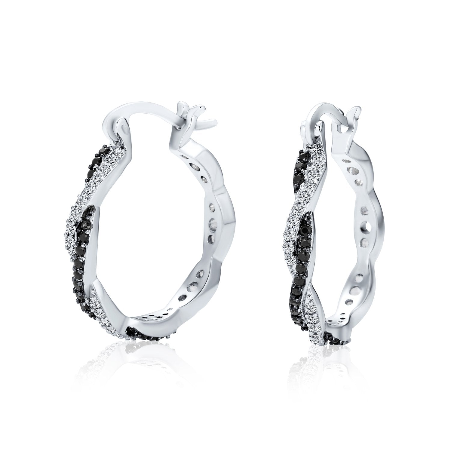 Black Spiral Infinity Twist Pave CZ Prom Hoop Earrings Silver Plated - Joyeria Lady