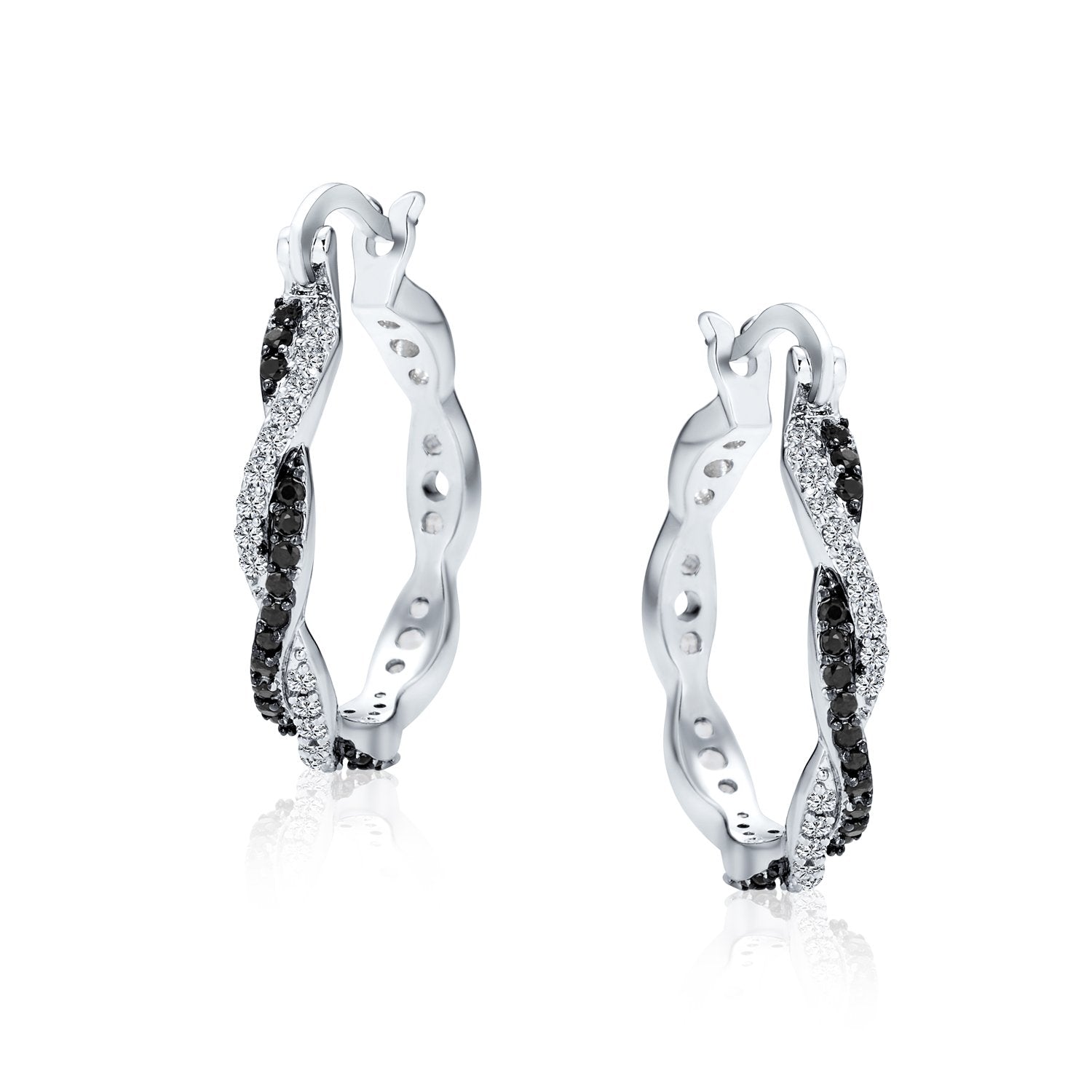Black Spiral Infinity Twist Pave CZ Prom Hoop Earrings Silver Plated - Joyeria Lady