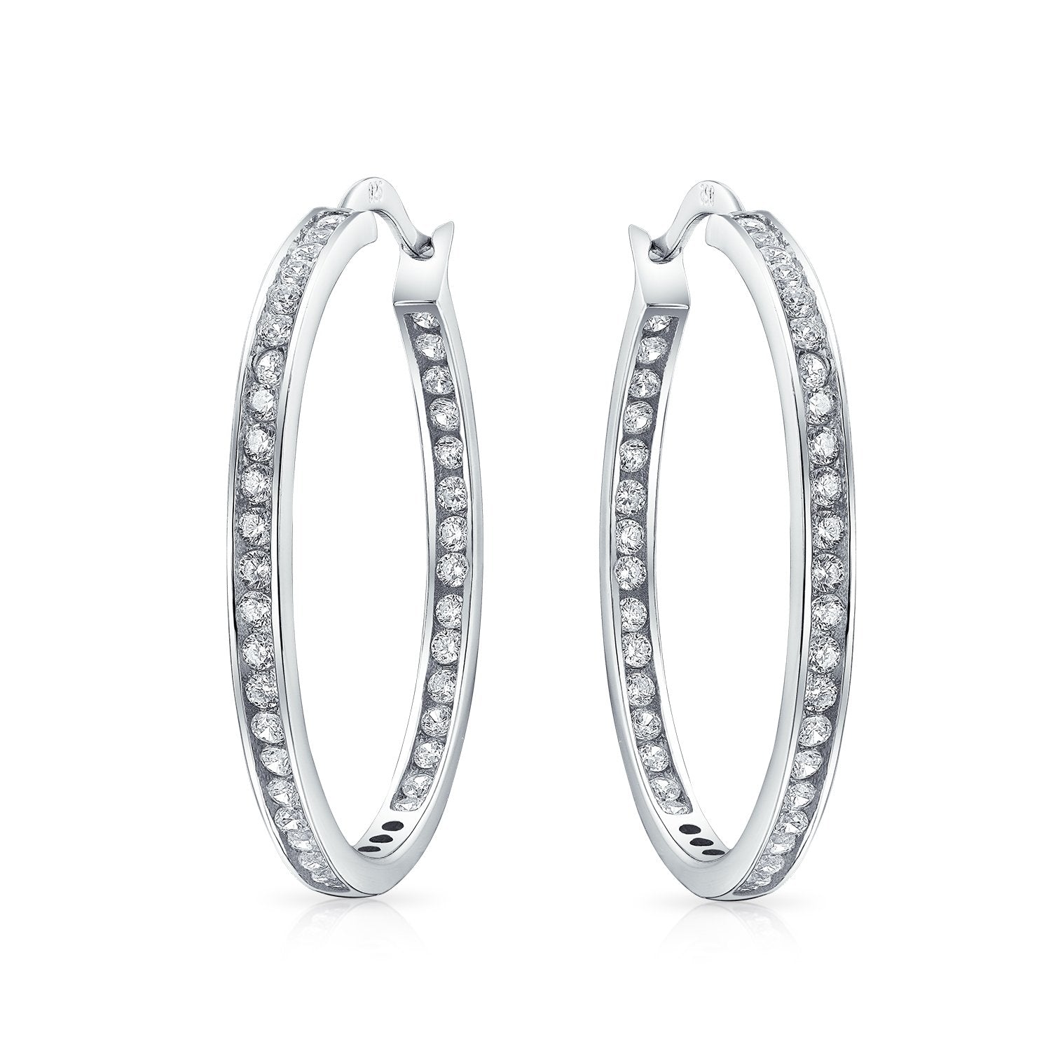 Solitaire Channel Set In Side Out CZ Hoop Earrings Sterling Silver - Joyeria Lady