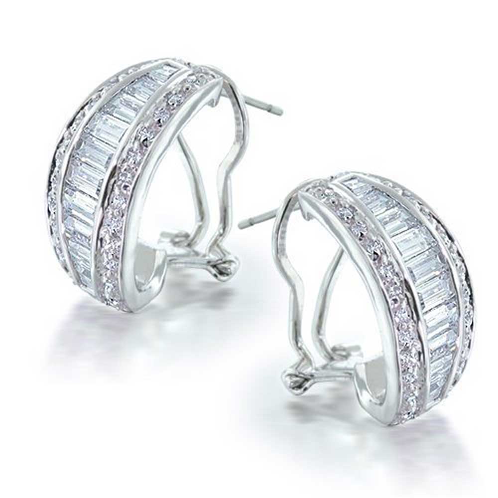 Bridal Baguette CZ Half Hoop Earrings Omega Back Clip Silver Plated - Joyeria Lady