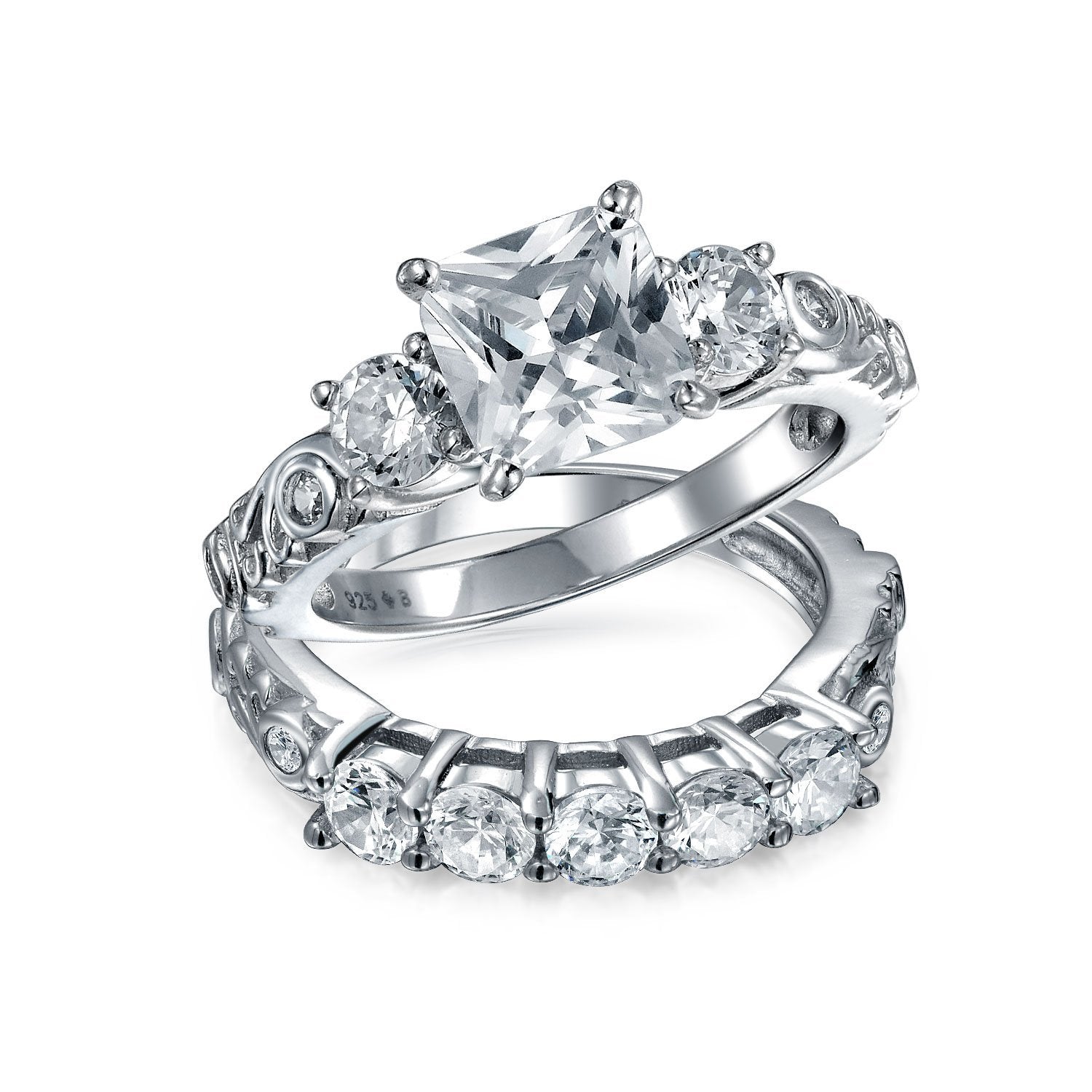 3CT CZ Square Princess AA Engagement Wedding Ring Band Set Gold Plated - Joyeria Lady