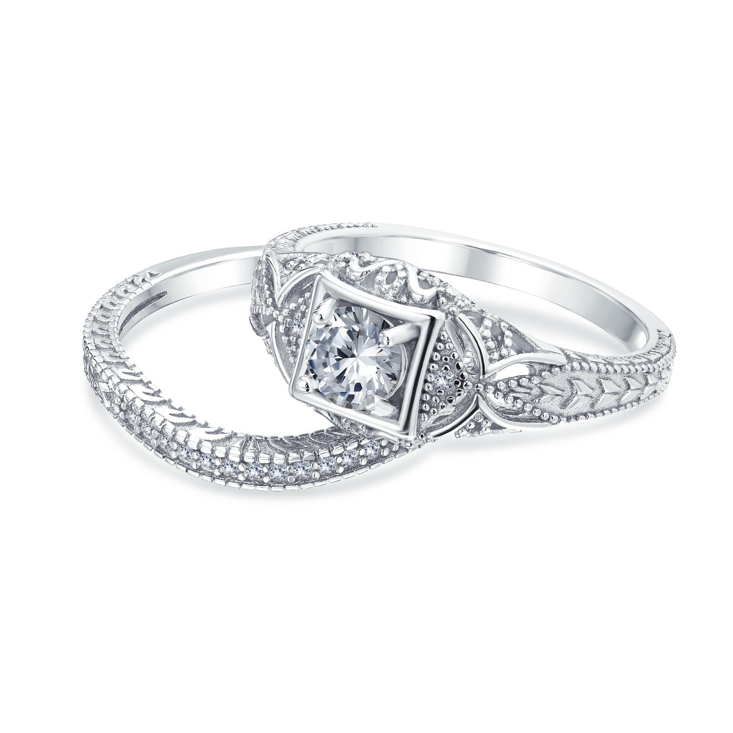 1CT AAA CZ Vintage Engagement Wedding Ring Set Sterling - Joyeria Lady