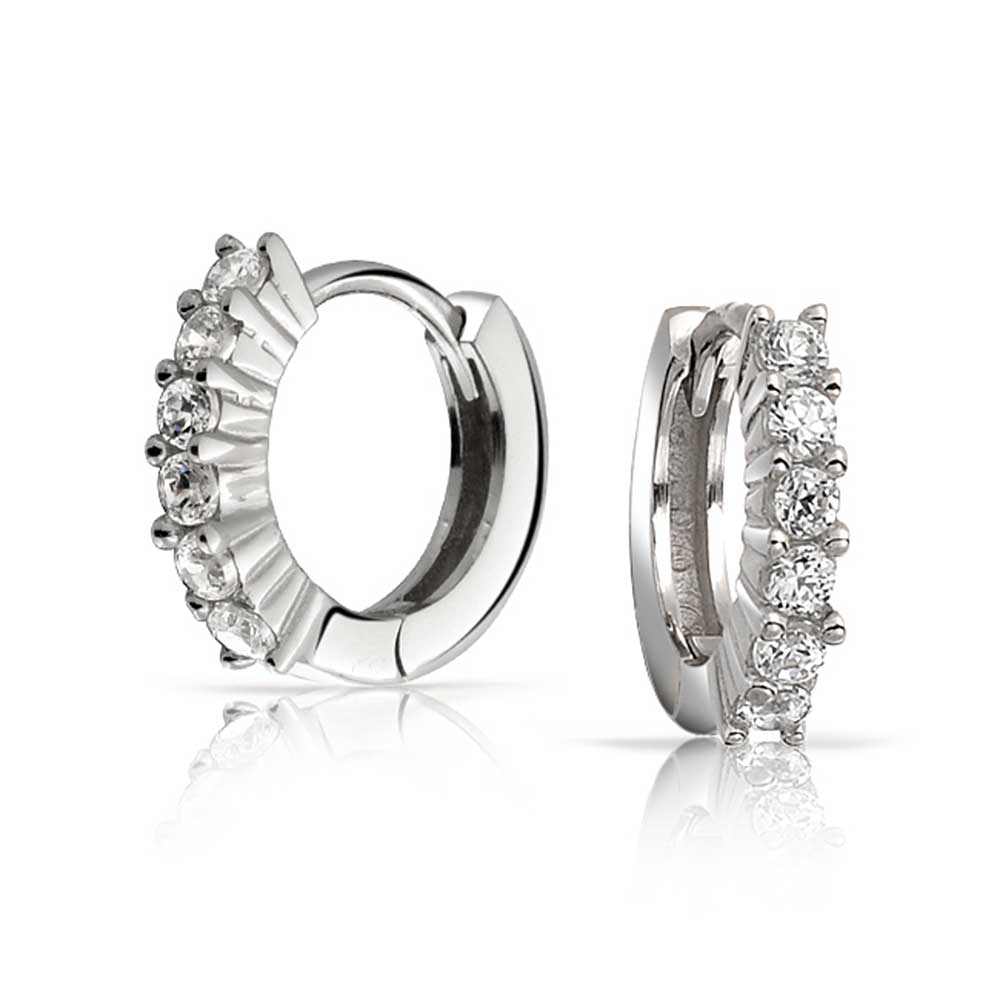 Solitaire CZ Kpop Hoop Earrings Cubic Zirconia Sterling Silver - Joyeria Lady