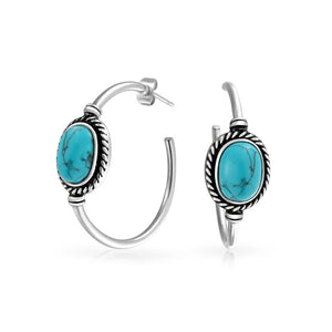 Oval Turquoise Braid Twisted Rope Hoop Stud Earrings Stainless Steel - Joyeria Lady