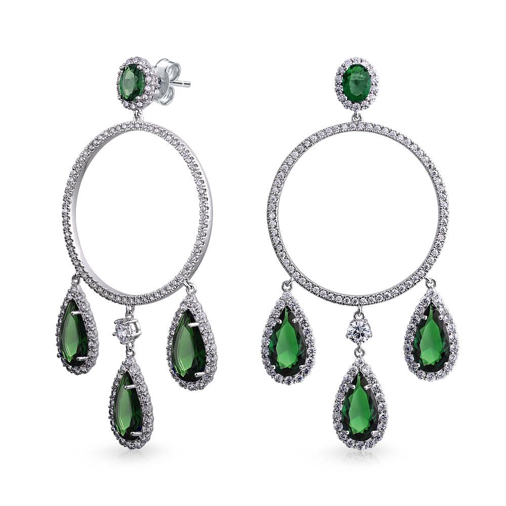 Statement Green CZ Teardrop Hoop Chandelier Earrings Imitation Emerald - Joyeria Lady
