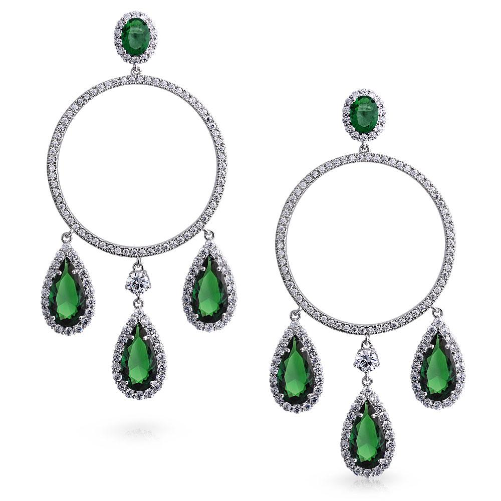 Statement Green CZ Teardrop Hoop Chandelier Earrings Imitation Emerald - Joyeria Lady