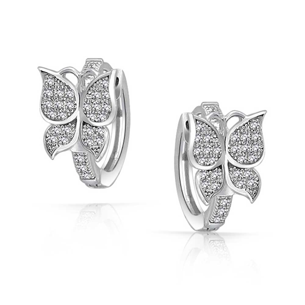 Butterfly Hoop Earrings Pave Cubic Zirconia Sterling Silver - Joyeria Lady