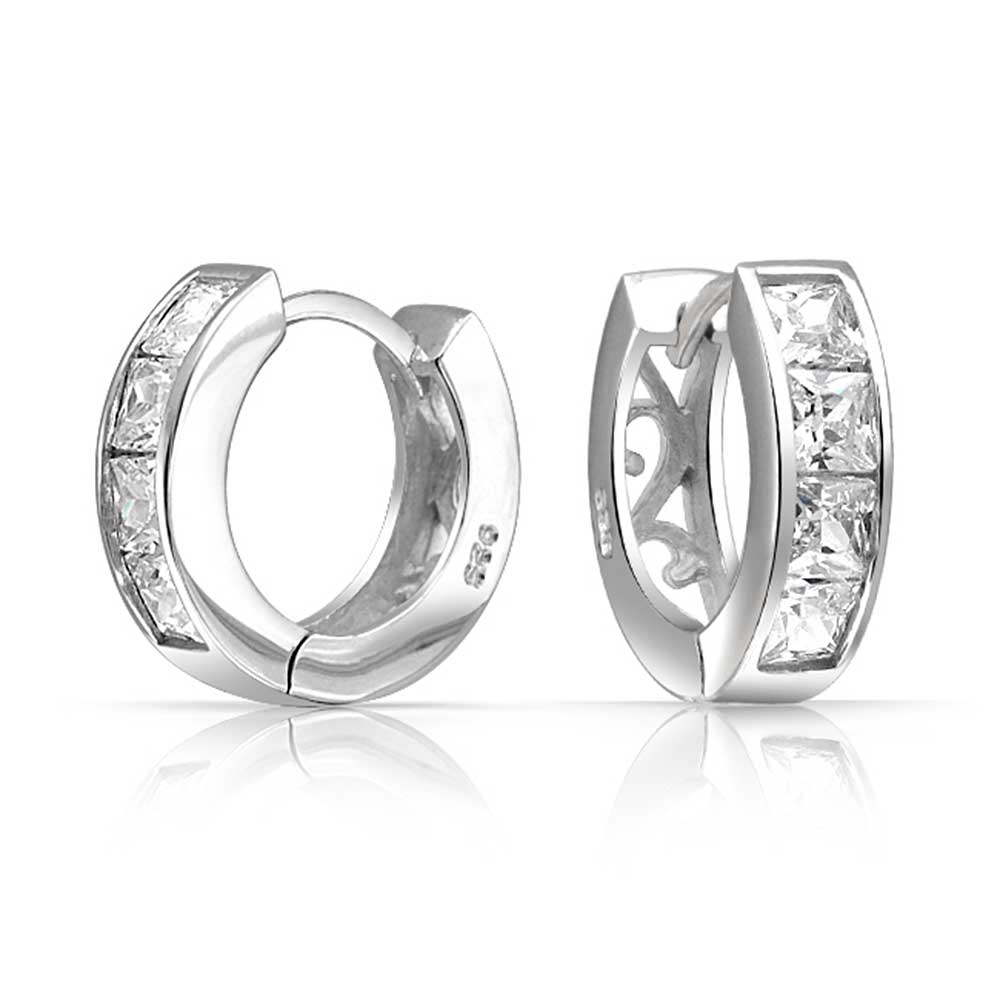 Square Princess Cut CZ Channel Hoop Earrings Sterling Silver - Joyeria Lady