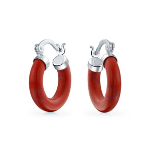 Turquoise Orange Red Coral Round Hoop Earring 925 Sterling Silver