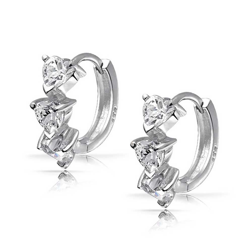 3 Heart Cubic Zirconia Hoop Earrings Hinged Sterling Silver - Joyeria Lady