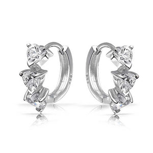 3 Heart Cubic Zirconia Hoop Earrings Hinged Sterling Silver