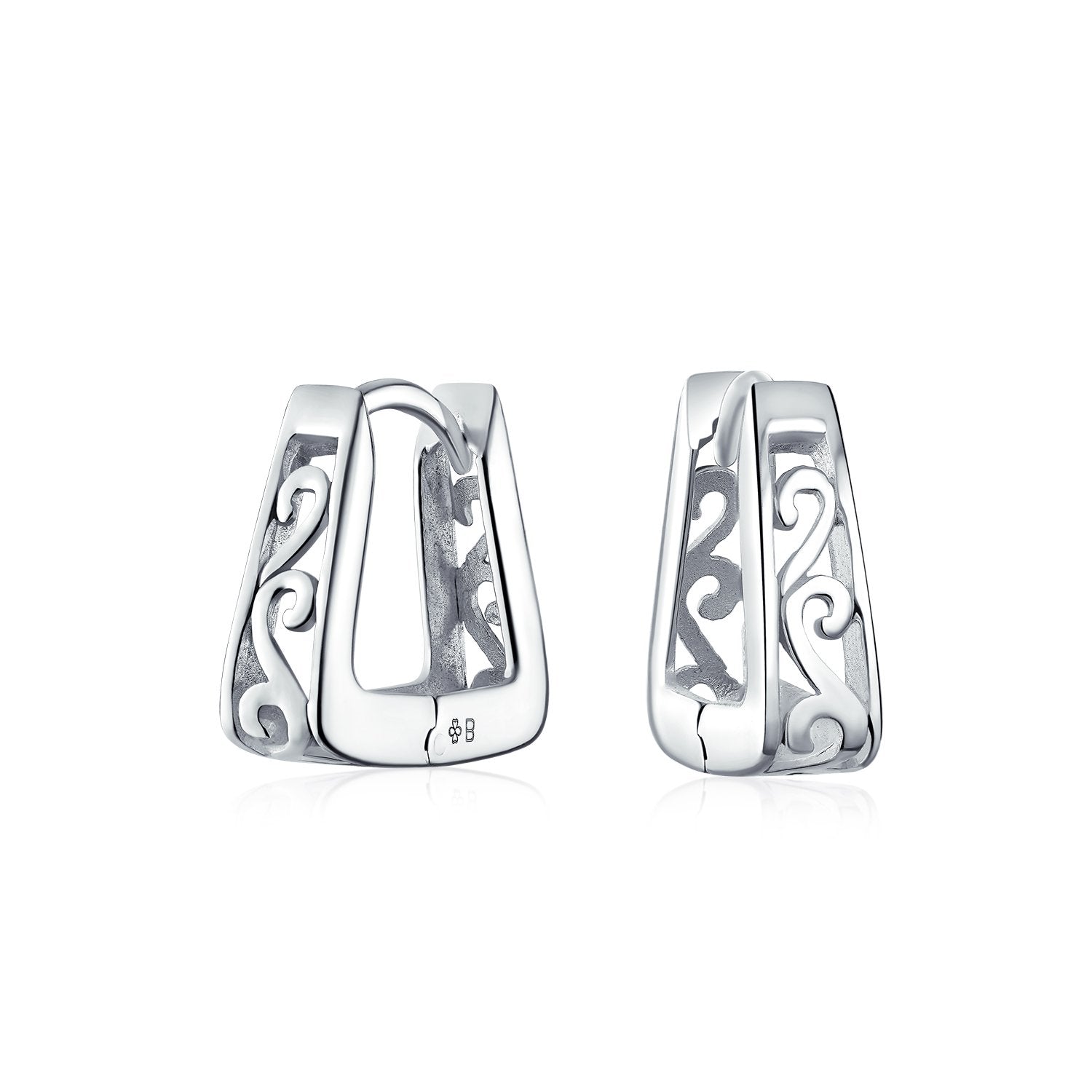 Square Pyramid Scroll Swirl Kpop Hoop Earrings Hoop Sterling Silver - Joyeria Lady