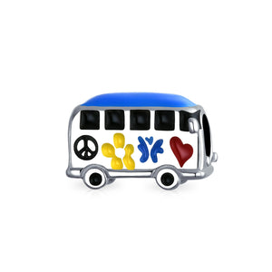 Peace Love Hippie Bus 60'S Multi Color Charm Bead 925 Sterling Silver - Joyeria Lady