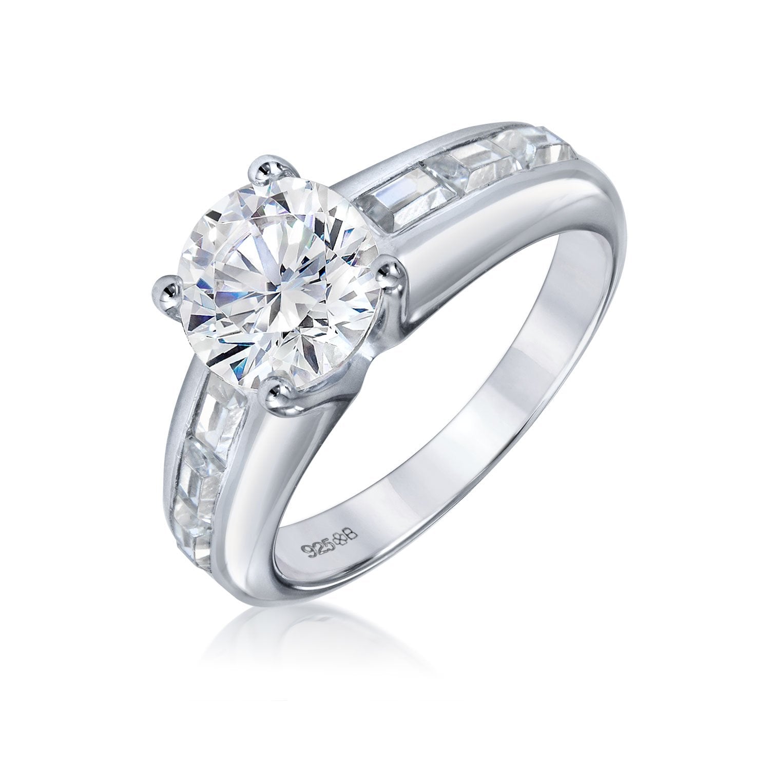 2CT Solitaire Baguette Band AAA CZ Engagement Ring Set Sterling Silver - Joyeria Lady