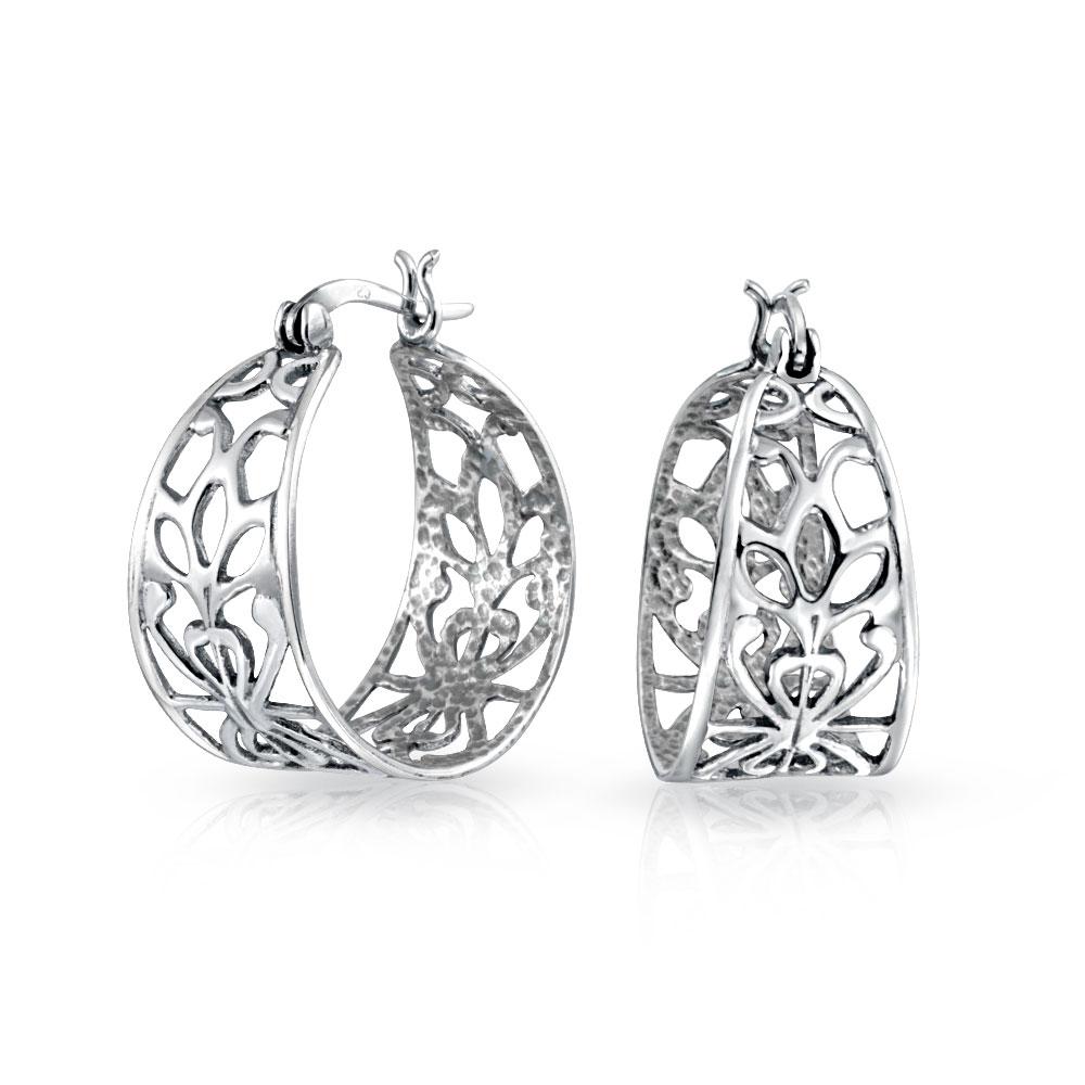 Boho Bali Style Open Filigree Leaf Wide Hoop Earrings Sterling Silver - Joyeria Lady