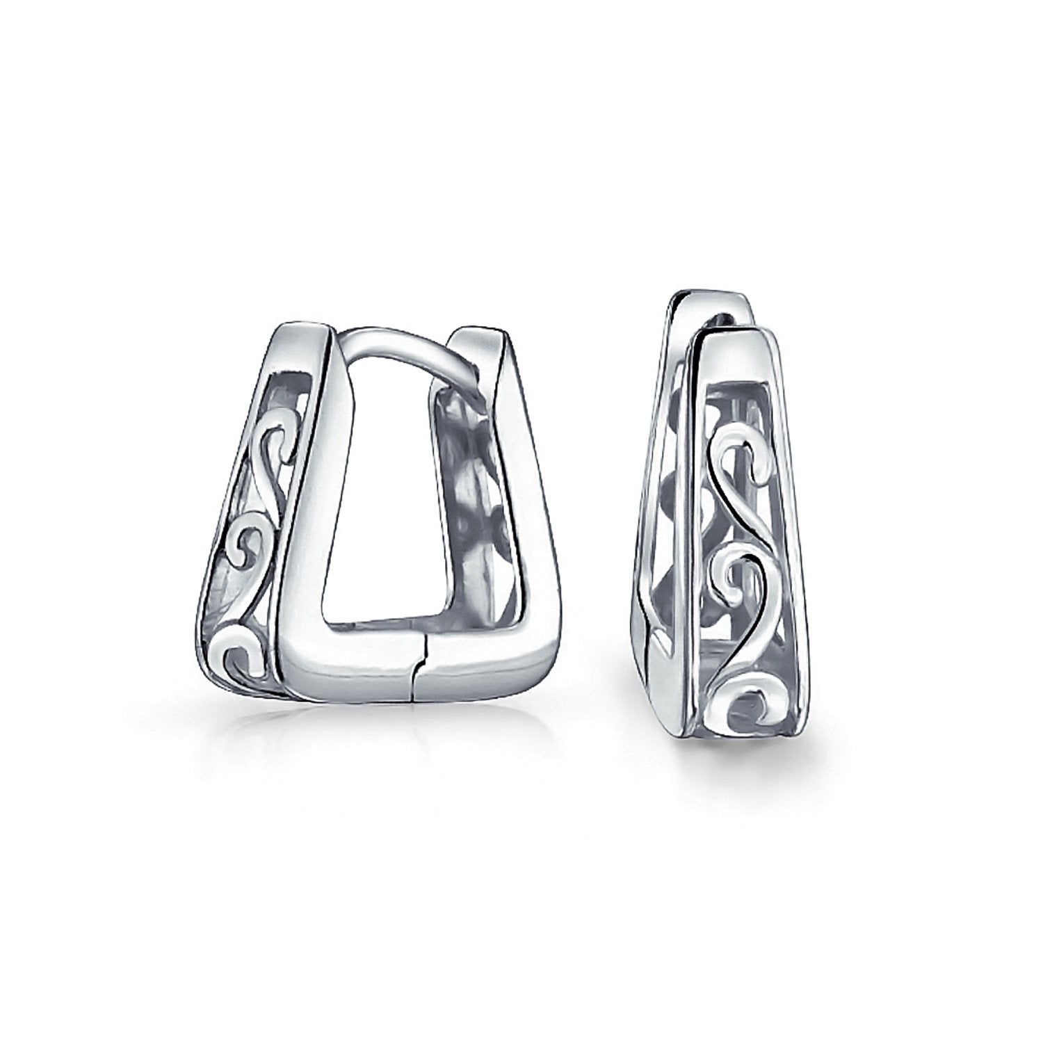 Square Pyramid Shaped Scroll Swirl Filigree Kpop Huggie Earrings Hoop - Joyeria Lady