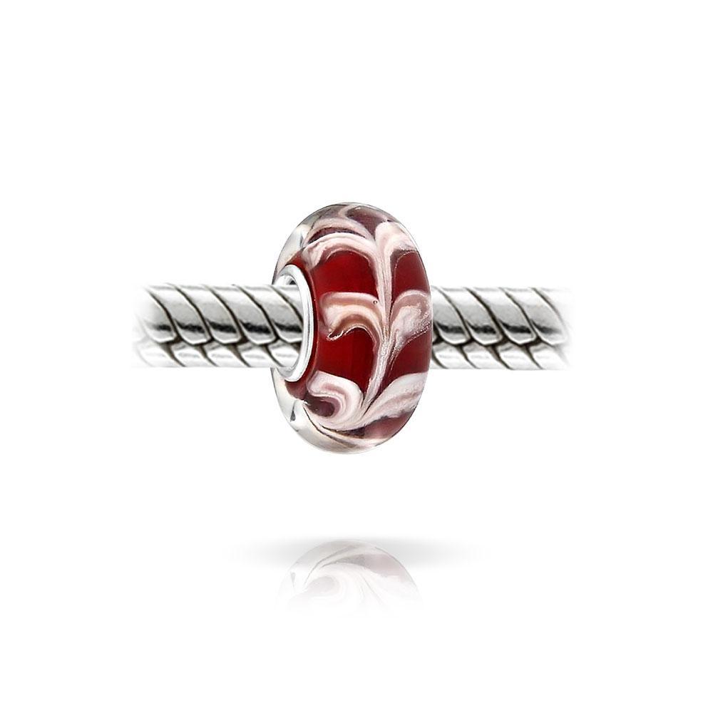Red White Vine Scroll Murano Glass Sterling Silver Spacer Bead Charm - Joyeria Lady