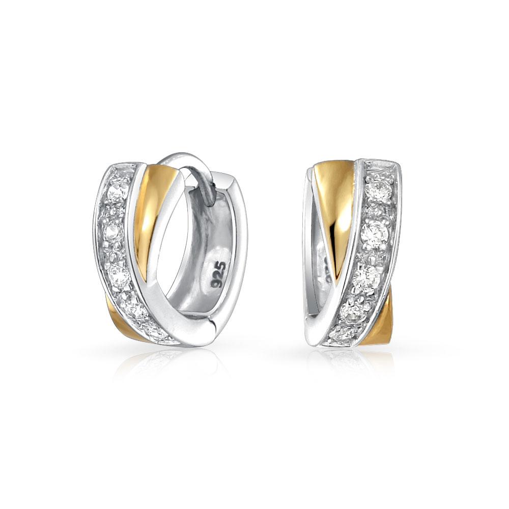 Criss Cross Hoop Earrings Hoop CZ Gold Plated Sterling Silver - Joyeria Lady