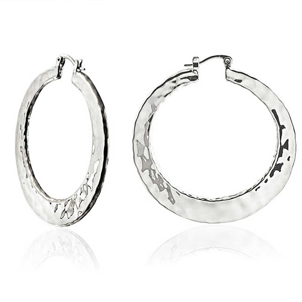 Boho Style Hammered Large Hoop Earrings Silver Gold Plated 2 Inch - Joyeria Lady