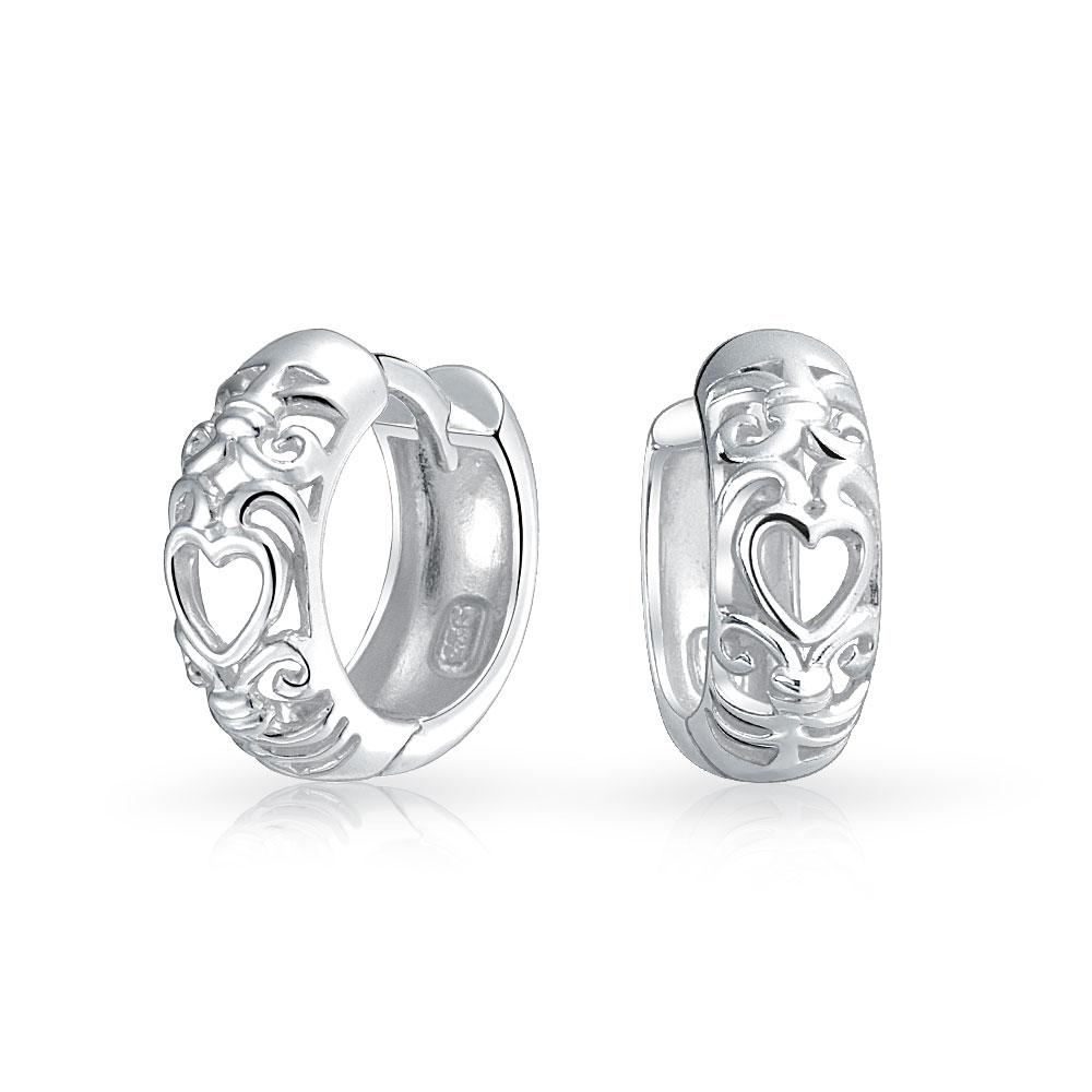 Small Open Heart Filigree Hoop Earrings 925 Sterling Silver - Joyeria Lady