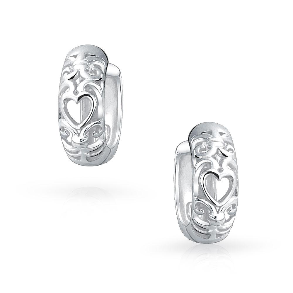 Small Open Heart Filigree Hoop Earrings 925 Sterling Silver - Joyeria Lady