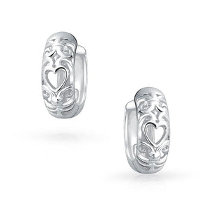 Small Open Heart Filigree Hoop Earrings 925 Sterling Silver