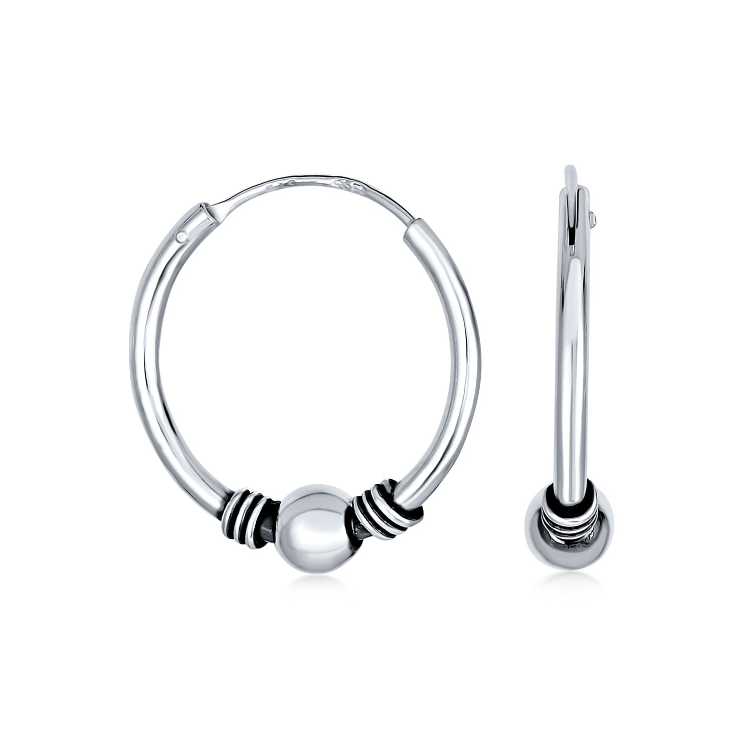 Bali Ball Bead Continuous Round Hoop Earrings 925 Sterling Silver - Joyeria Lady