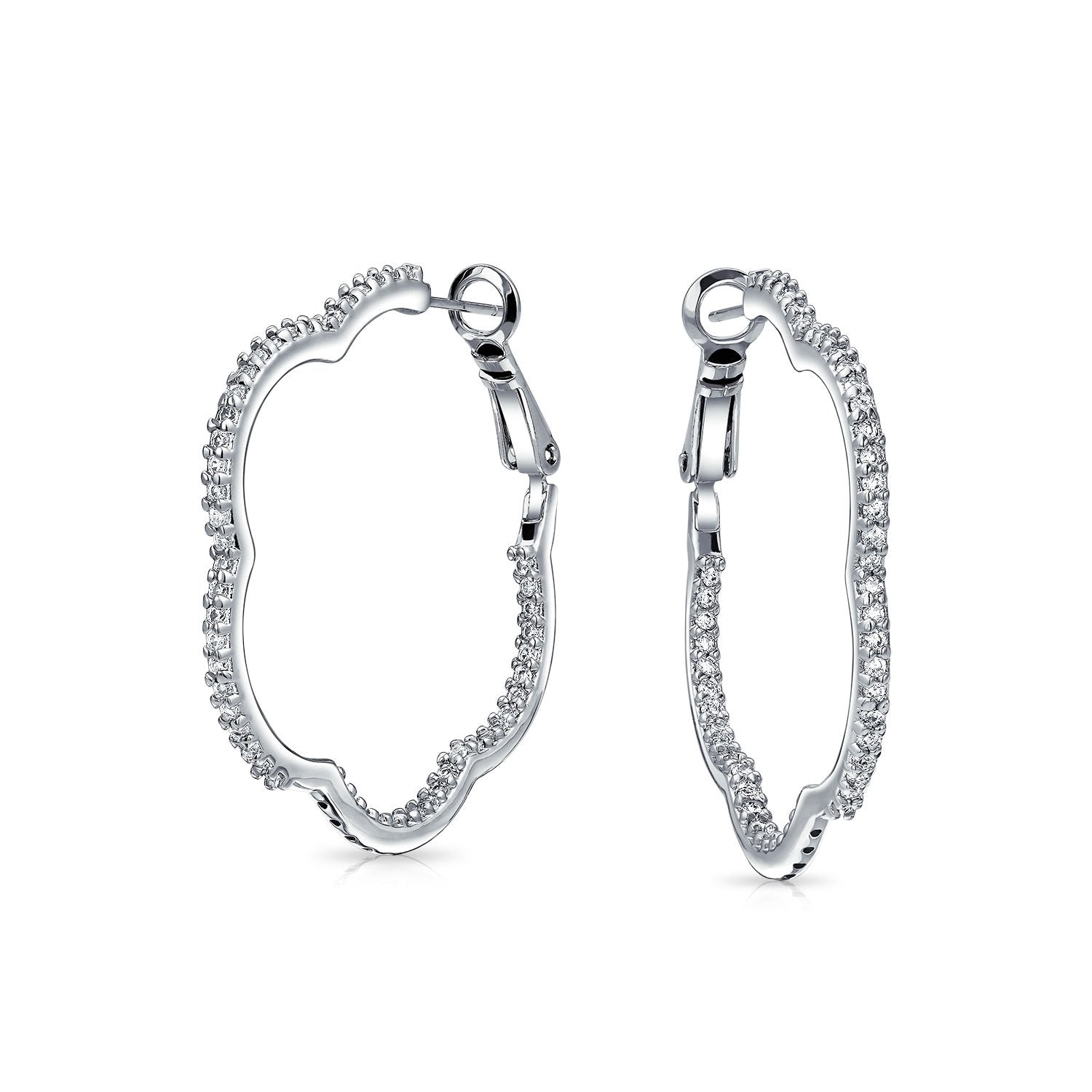 Flower Clover Pave CZ Cubic Zirconia Hoop Earrings Silver Plated - Joyeria Lady