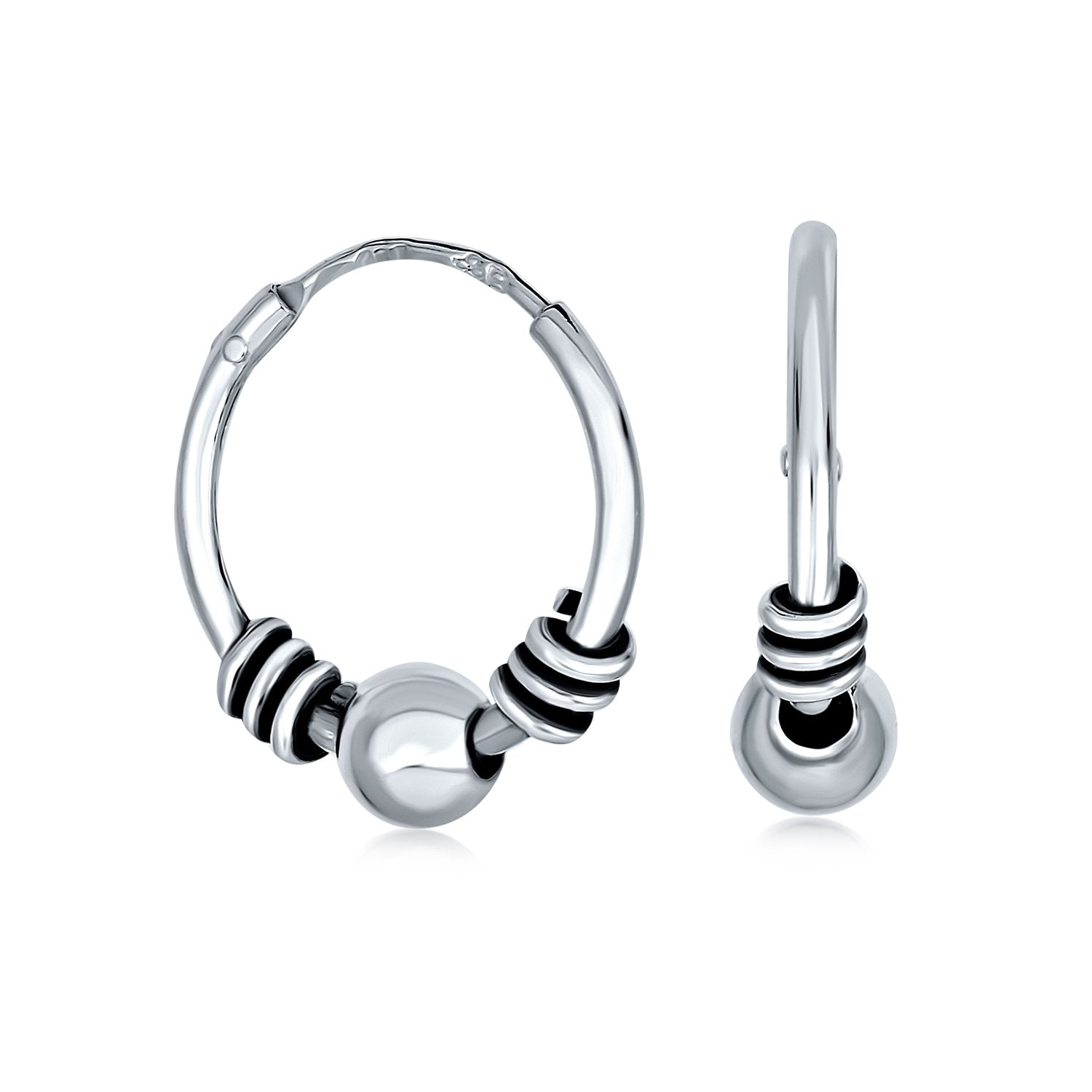 Bali Ball Bead Continuous Round Hoop Earrings 925 Sterling Silver - Joyeria Lady