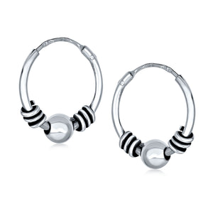 Bali Ball Bead Continuous Round Hoop Earrings 925 Sterling Silver