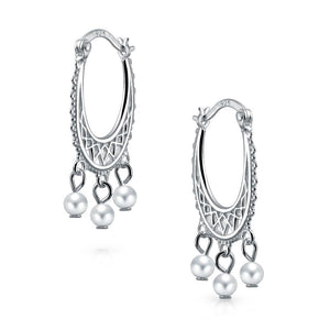 Freshwater Cultured Pearl Boho Filigree Hoop Earrings Sterling Silver