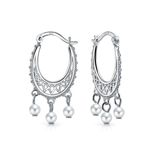 Freshwater Cultured Pearl Boho Filigree Hoop Earrings Sterling Silver - Joyeria Lady