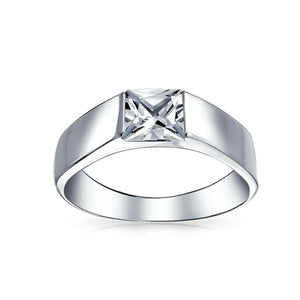 Mens Princess Cut AAA CZ Wedding Band Engagement Ring Sterling Silver - Joyeria Lady