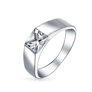 Mens Princess Cut AAA CZ Wedding Band Engagement Ring Sterling Silver