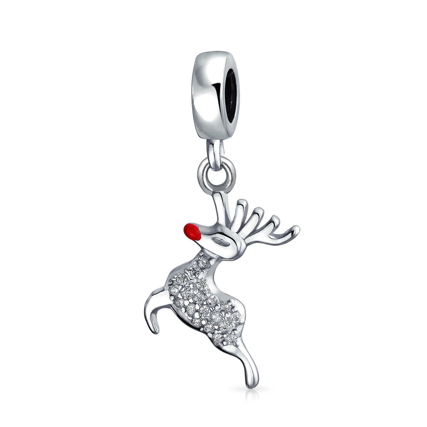 Christmas Dangle Rudolph Reindeer Red Nose Crystal Bead Charm Silver - Joyeria Lady