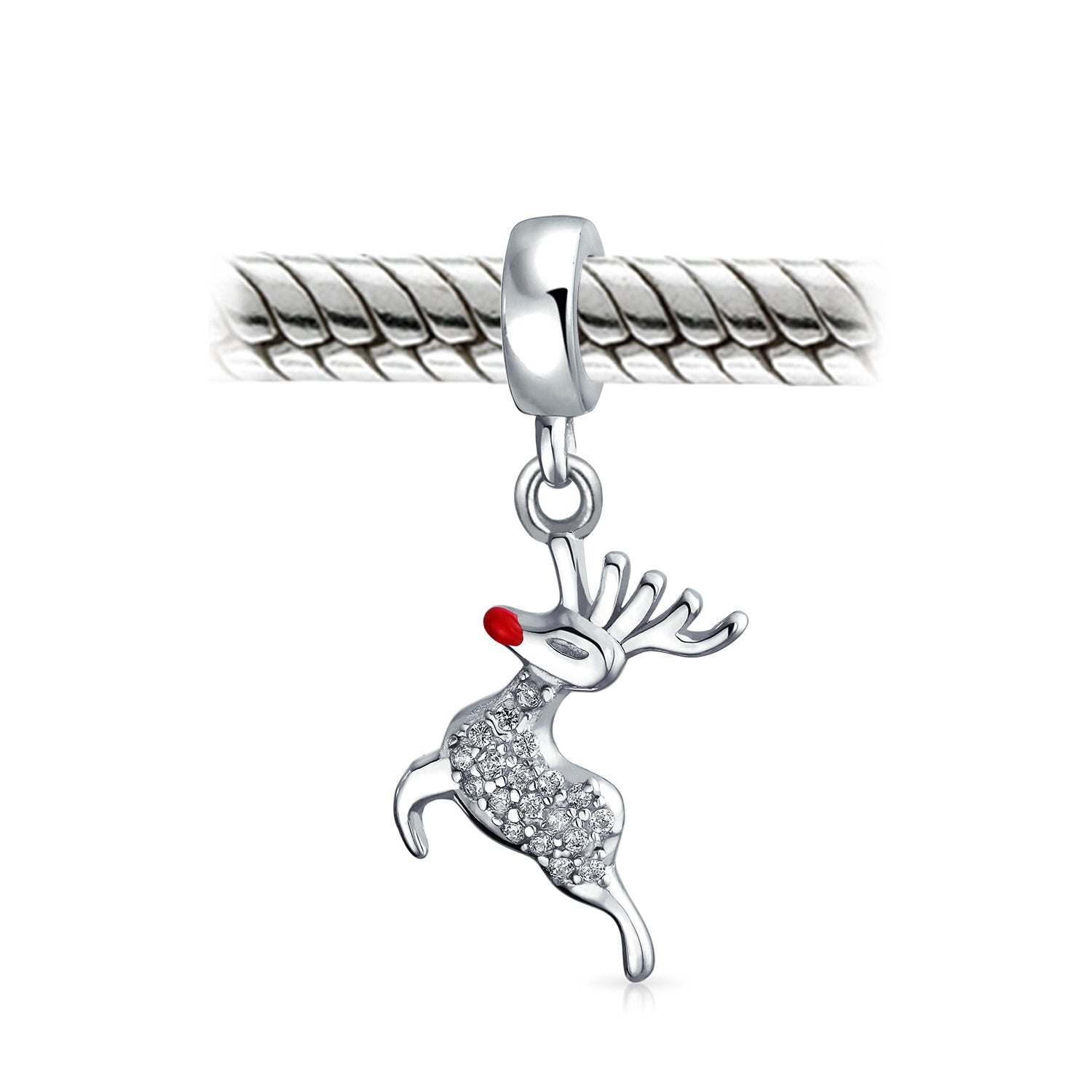 Christmas Dangle Rudolph Reindeer Red Nose Crystal Bead Charm Silver - Joyeria Lady