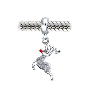 Christmas Dangle Rudolph Reindeer Red Nose Crystal Bead Charm Silver