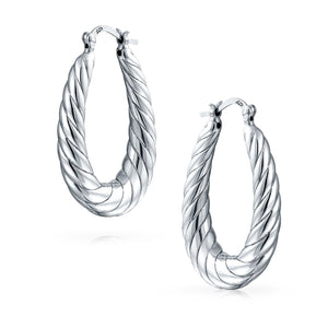 Twisted Wide Lightweight Oval Tube Hoop Earrings 925 Sterling Silver