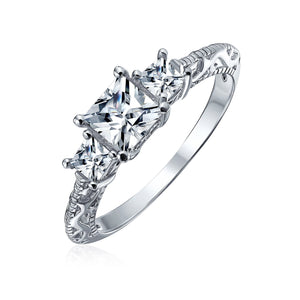 Filigree 3CT Solitaire 3 Stone CZ Engagement Ring 925 Sterling Silver - Joyeria Lady